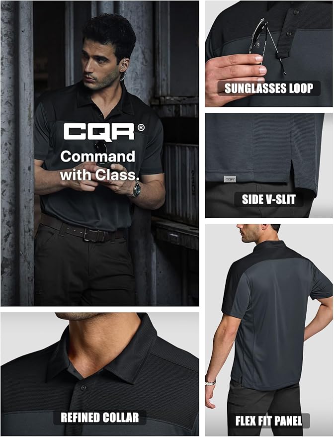 CQR Men's Polo Shirts, Tactical Short Sleeve Golf Performance Shirts, Lightweight Dry Fit UPF 50+ Pique
