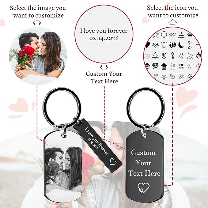 Personalized Custom Keychain with Picture - Double Sided Engraving Photo Text Customized Key Chains for Men Boyfriend