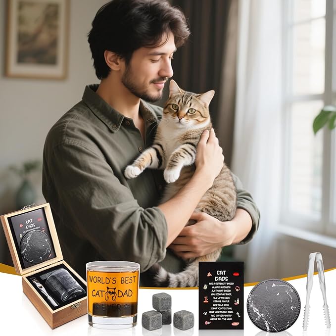 Cat Dad Gifts, Best Gift for Dad, Gift with 12oz Whiskey Glasses, Stones, Coaster, Wooden Box for Catfather