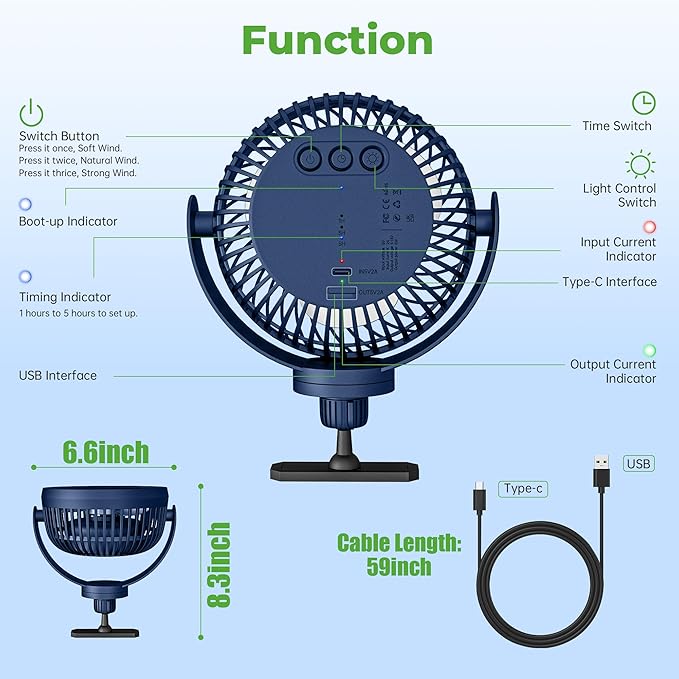 10L0L Golf Cart Fan with Magnetic Mount & 56Hrs Runtime - 8000mAh Battery, 3-Speed Cooling, Built-in LED Light, Power Bank Function - Stable ABS Design for All Golf Carts