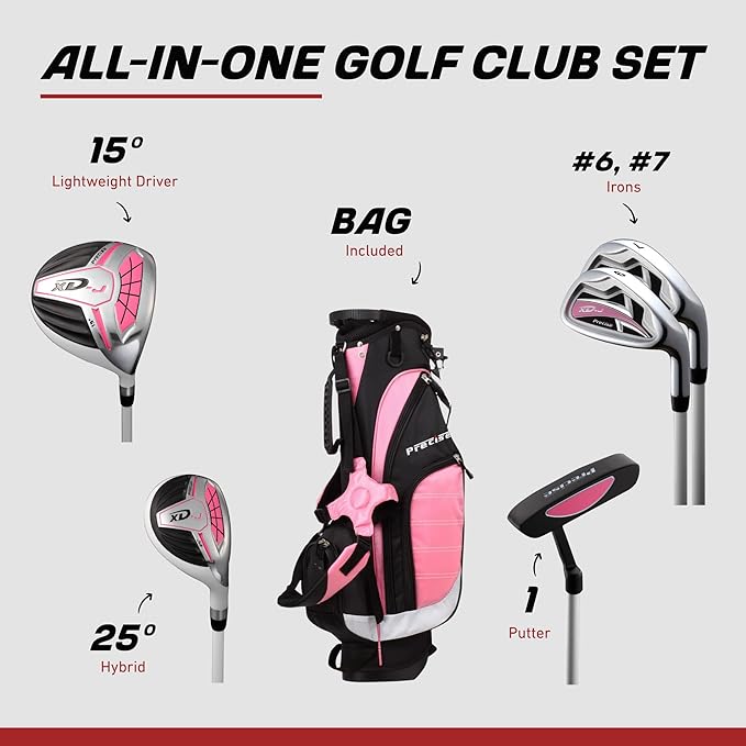 Precise XD-J Kids Golf Clubs Set – Boys’ & Girls’ Junior Golf Set with Lightweight Graphite Shafts, Hybrid, Putter & Stand Bag
