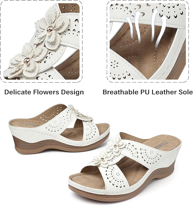 TEMOFON Womens Wedge Sandals Leather: Dressy Sandal, Rubber Sole, Comfortable Walking, Casual Slip on Summer Shoes, Size 5-11