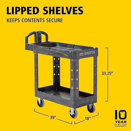 Rubbermaid Commercial Products 2-Shelf Utility/Service Cart, Small, Lipped Shelves, Ergonomic Handle, 500 lbs. Capacity, for Warehouse/Garage/Cleaning/Manufacturing