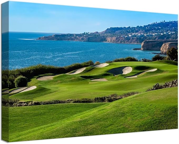California Coastal Golf Course Wall Art for Living Room Bedroom Bathroom Home Decorations Coastal Golf Course Picture Poster Framed Artwork Canvas Prints Ready to Hang(12''H x 16''W)