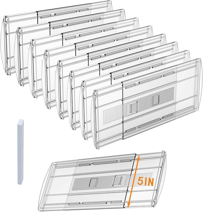 8 Pack Adjustable Drawer Dividers for Clothes,5" High Expandable From 13-21" Clear Drawer Organizers, PC Plastic Separators for Dresser/Bedroom/Bathroom/Kitchen/Office Storage