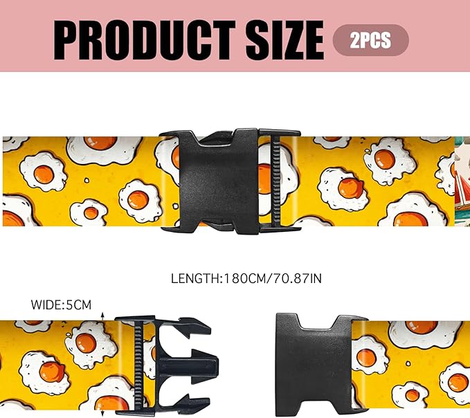 Nuxovilar Luggage Straps of 2 Set Fried Eggs Pattern, 1.96x90.5 inches - Luggage Straps for Suitcases, Perfect for Food Lovers, Short Trips, Daily Travel