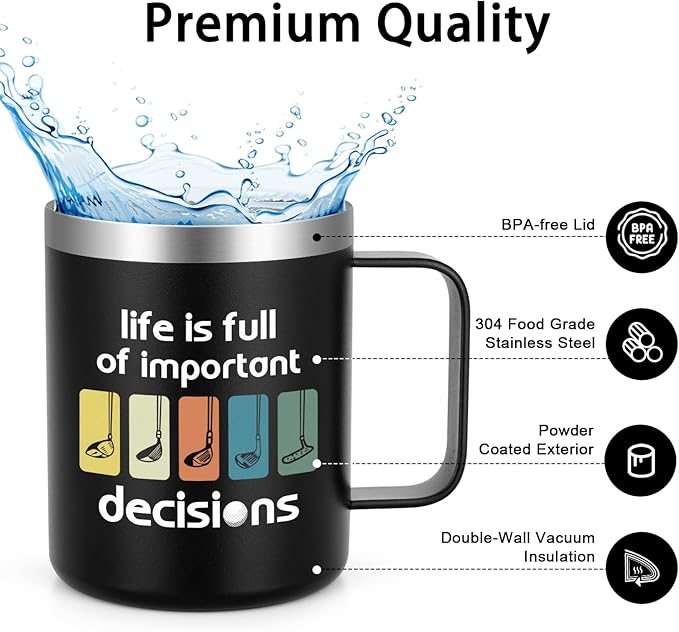 Lifecapido Golf Stainless Steel Coffee Mug, Life is Full of Important Decisions - Golf Gifts Birthday Gift Christmas Gifts Father's Day Gift for Men Dad Golfer Grandpa Boss Coworker (12oz, Black)
