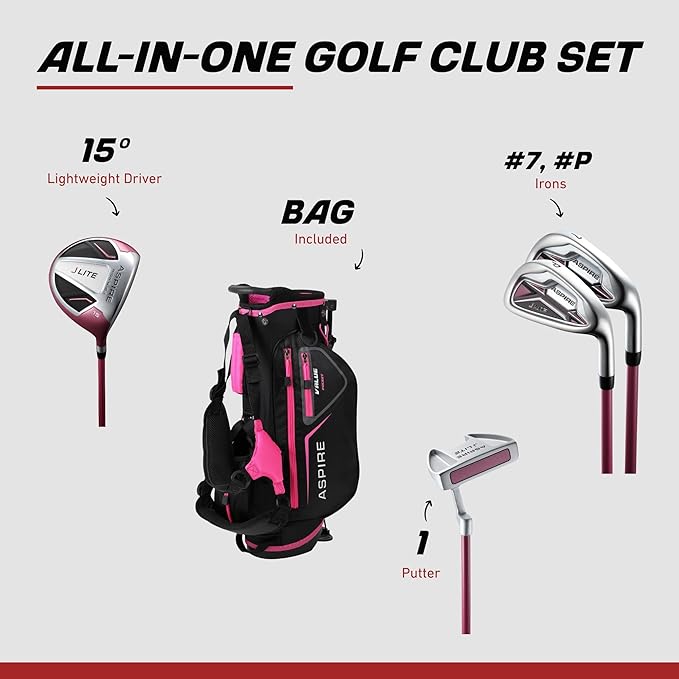 Aspire X-Lite Super Performance Junior Golf Club Set - Right-Handed Kids Golf Set with Driver, Hybrid, 7 Iron, Putter, Stand Bag & Headcovers