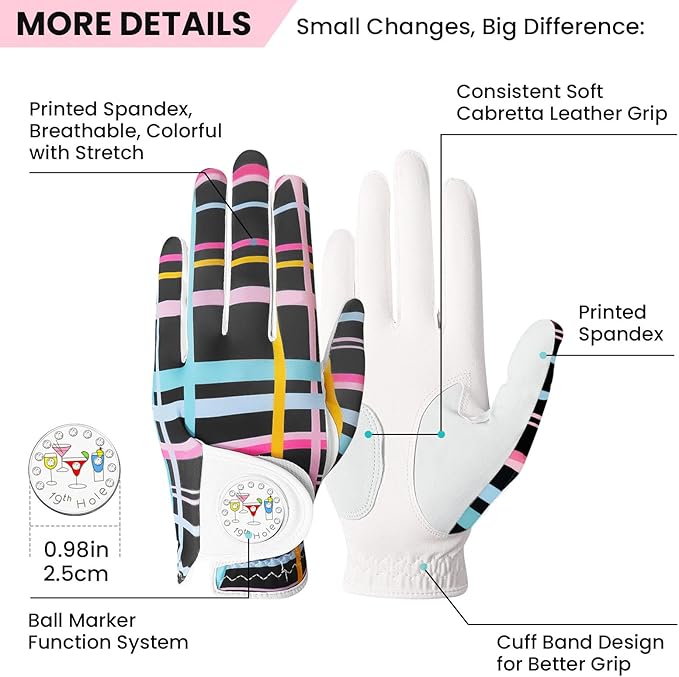 FINGER TEN Stylish Golf Gloves Women with Ball Marker 1 Pack for Left or Right Hand, Breathable Glove with Fashion Patterns for Ladies Right Left Handed Golfer