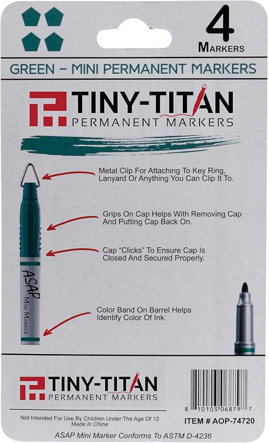 Tiny-Titan Mini Markers, Keychain Clip, Golf Ball Marker, Clip On Nurse's Badge - Green Ink - Fine Point - 4 Pens