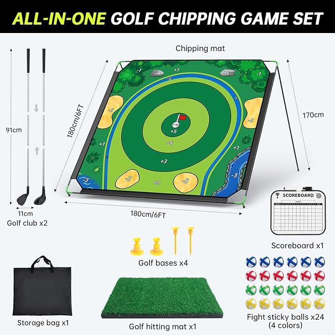 Golf Chipping Game Set, 71 X 71 in Large Golf Practice Mat with 2 Adjustable Clubs, Hitting Mat, 24 Sticky Balls, 2 Golf Tees, Scoreboard & Carry Bag, Indoor Outdoor Training Game for Adults