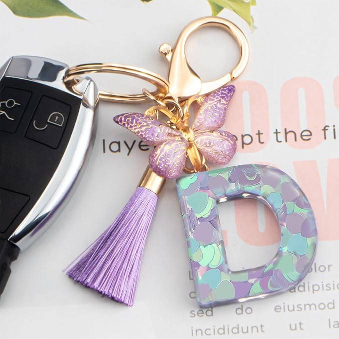 Suweibuke Colourful Cute Initial Letter Keychains for Women Girls with Tassel Butterfly, Charm for Purse Handbags Backpacks