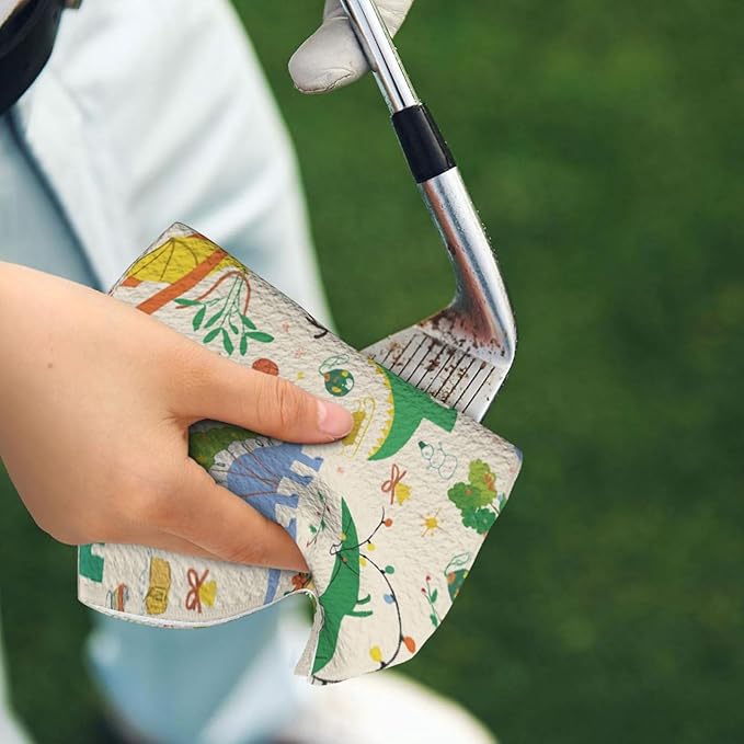 Christmas Cartoon Dinosaur Golf Towel Waffle Microfiber with Hook Detachable Clip 24x16in