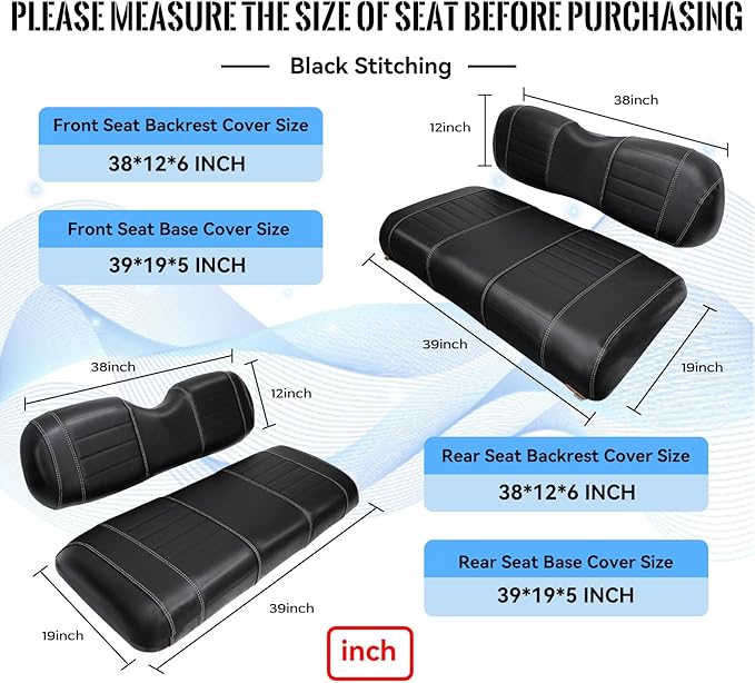 Golf Cart Seat Covers fits Club Car Precedent/DS/EZGO RXV/TXT/Yamaha Front Rear Seat Cushion，Black Leather Custom Stripe Soft Comfortable/Anti-Scratch/Easy to Clean