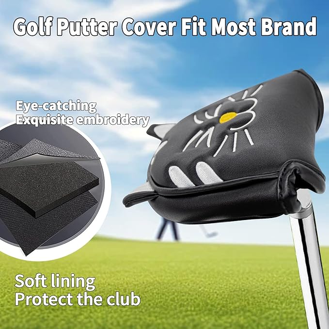 Golf Kitty Head Cover Golf Club White Leather Headcovers 1pc/4pcs Set Fits Driver Fairway Wood Hybrid Utility Putter Iron Wedge Headcover.