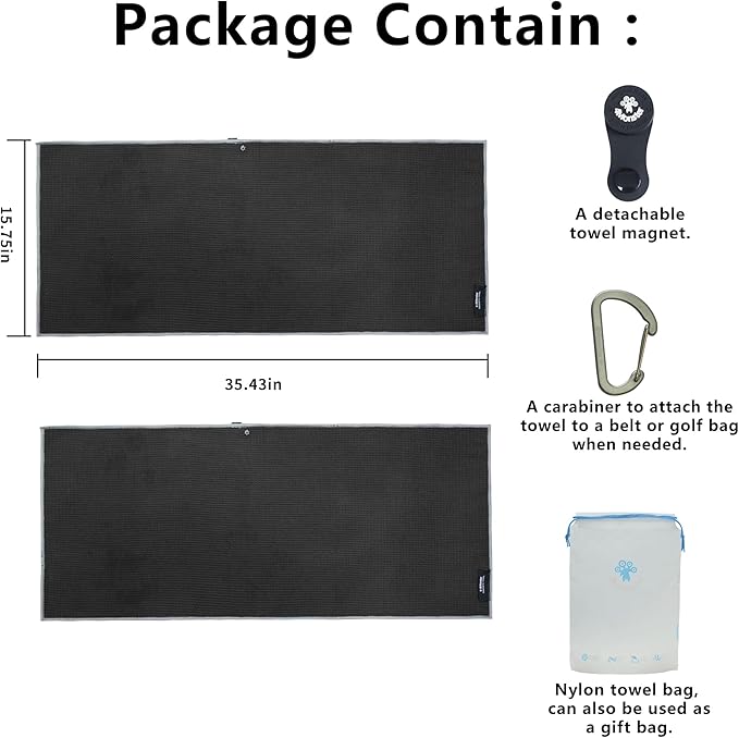 4Monster Golf Towels 2-Pack with Detachable Magnet and Portable Pouch, Quick-Dry Microfiber Golf Towel Set for Golf Bags,Custom Towel Gifts for Men or Women (2, Black)