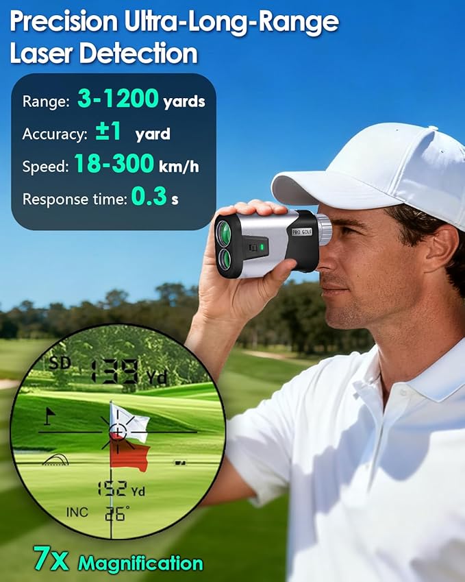 JUSTDOMI 1200 Yards Laser Range Finder Golf Magnetic, 7X Magnification Golf Rangefinder with Slope, Laser Rangefinder for Golf Hunting Archery Distance Finder Rechargeable & Flag Lock Vibration