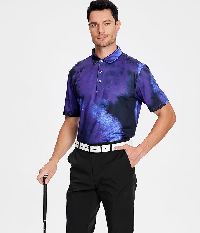 Esabel.C Golf Shirts for Men Dry Fit Performance Short Sleeve Print Moisture Wicking Collared Shirt
