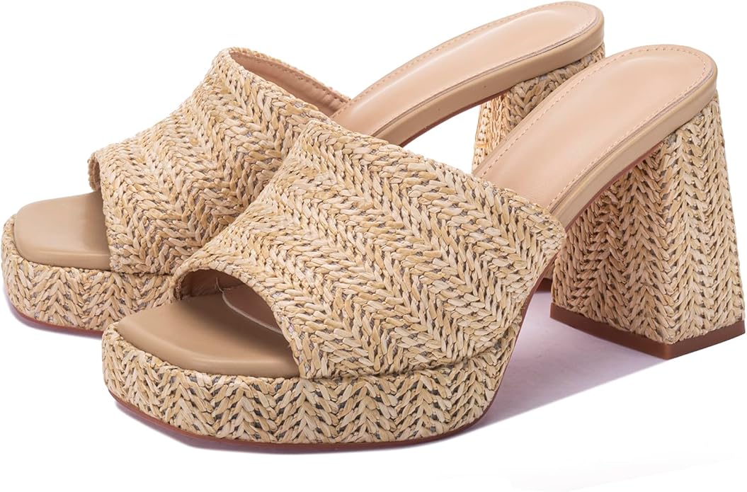 Monrovia Womens Sandals Heels for Women Slide On Block Chunky Platform High Heels Open Toe Raffia Wedge Sandals