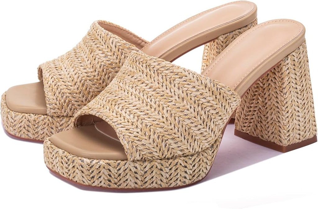 Monrovia Womens Sandals Heels for Women Slide On Block Chunky Platform High Heels Open Toe Raffia Wedge Sandals