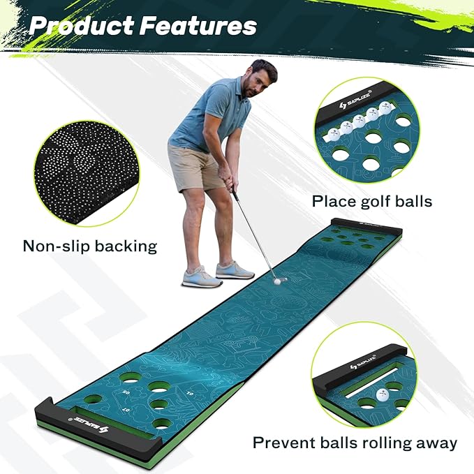 SAPLIZE Golf Putting Mat/Putting Green Mat - Adjustable Slope, Trajectory Tracking, Automatic Ball Return & Pong Game Modes |Portable Practice Green for Home, Office, Indoor & Outdoor