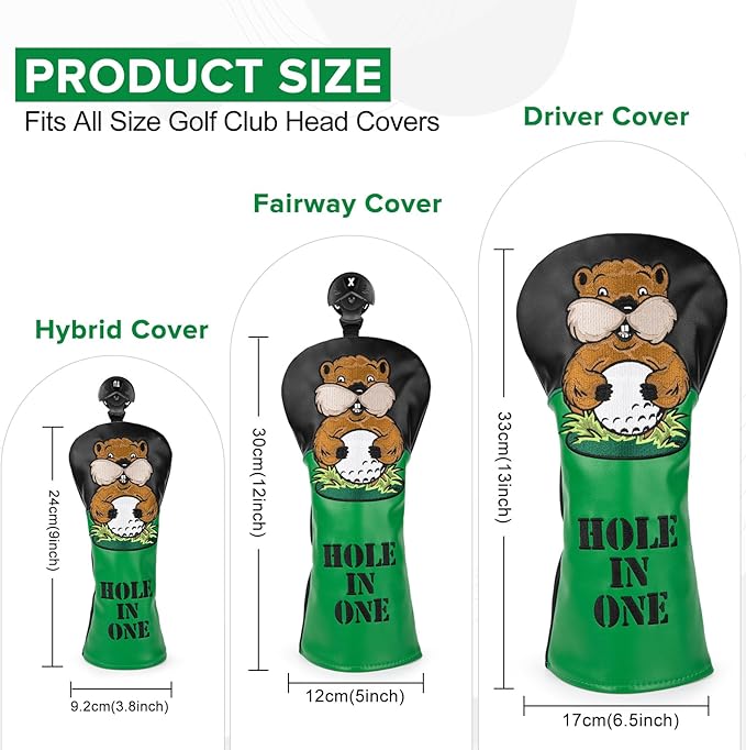 Golf Club Head Covers, Gopher Style Embroidery Golf Club Covers for Woods and Driver Fairway Hybrid, PU Leather Golf Head Covers for Men Women with Interchangeable Tags, Fits Most Golf Clubs