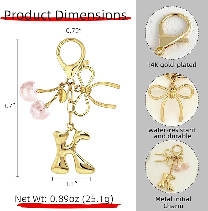 Gold Bubble Heart, Cherry, Bow & More Designs Letter Initial Keychain Bag Charms – Cute Purse Charms for Handbags