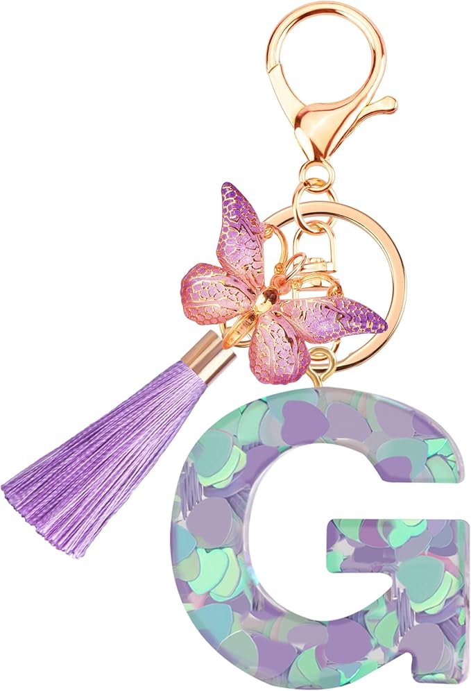 Suweibuke Colourful Cute Initial Letter Keychains for Women Girls with Tassel Butterfly, Charm for Purse Handbags Backpacks