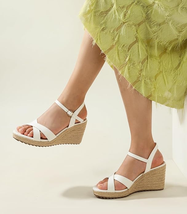 Ankis Wedge Sandals for Women, Espadrille Womens Wedge Sandals Comfortable Open Toe Cross Band Ankle Strap High Heel Wedges for Women Dressy Summer -3.4Inch