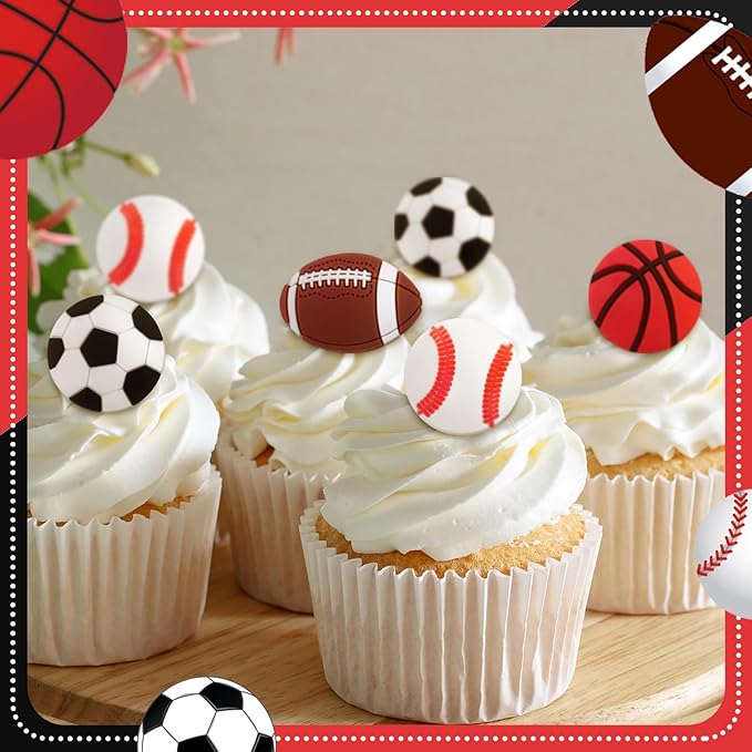 Honeydak 48 Pcs Sports Cupcake Toppers Basketball Softball Football Soccer Cupcake Rings Toppers Picks Decoration for Sport Baby Shower Birthday Party Cake Supplies