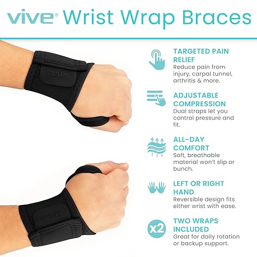 Vive Wrist Wrap Braces (2 Pack) - Tendonitis Support for Carpal Tunnel Arthritis - Sprained Pain Protection Sleeve - Weightlifting & Calisthenics Compression Stabilizer for Women, Men - Adjustable