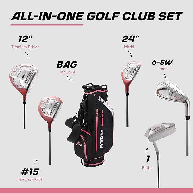 Precise M8 15-Piece Womens Golf Club Full Set, Driver, Wood, Hybrid, Irons, Putter & Stand Bag, Lightweight & Durable Kevlar Graphite Shafts, Golf Clubs Women Right Handed, Regular & Petite Sizes