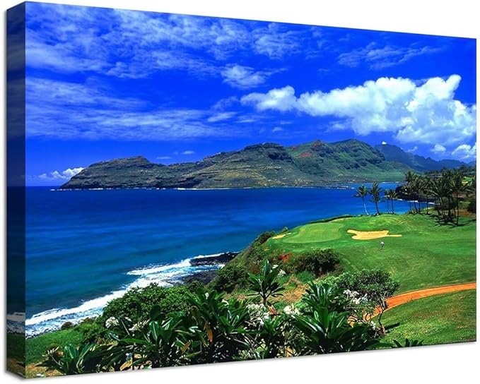 chenchenArt Lagoons Golf Course Wall Art for Living Room Bedroom Bathroom Home Decoration Hawaii Ocean Golf Course Picture Poster Canvas Prints Modern Artwork Framed Ready to Hang(12''H x 16''W)