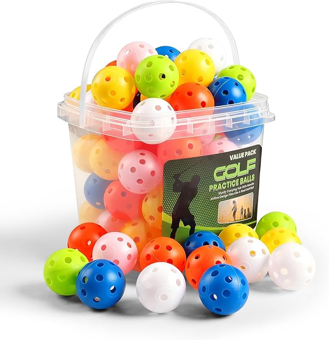 Golf Practice Balls Plastic Value 50 Pack and Golf Ball Bucket with Handle, Limited Flight Sports Training Ball, Indoor Outdoor Backyard Garden Driving Range Use