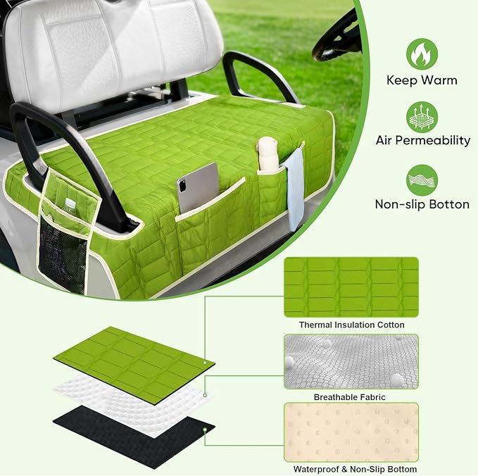 Golf Cart Seat Cover, Universal Bench Seat Cover with Storage Pockets, Non-Slip Seat Protector for Golf Cart, Fits EZGO Club Car Yamaha, Easy Install