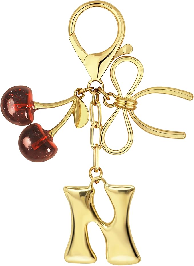 Gold Bubble Heart, Cherry, Bow & More Designs Letter Initial Keychain Bag Charms – Cute Purse Charms for Handbags