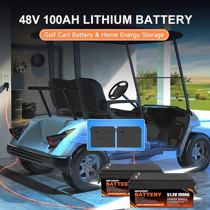 48V Lithium Battery for Golf Cart, 48V 100Ah LiFePO4 Battery with 100A Smart BMS, 5.12kWh Capacity, 15000+ Cycles Deep Cycle, Perfect Golf Cart Batteries for Solar, RV and Off-Grid Use