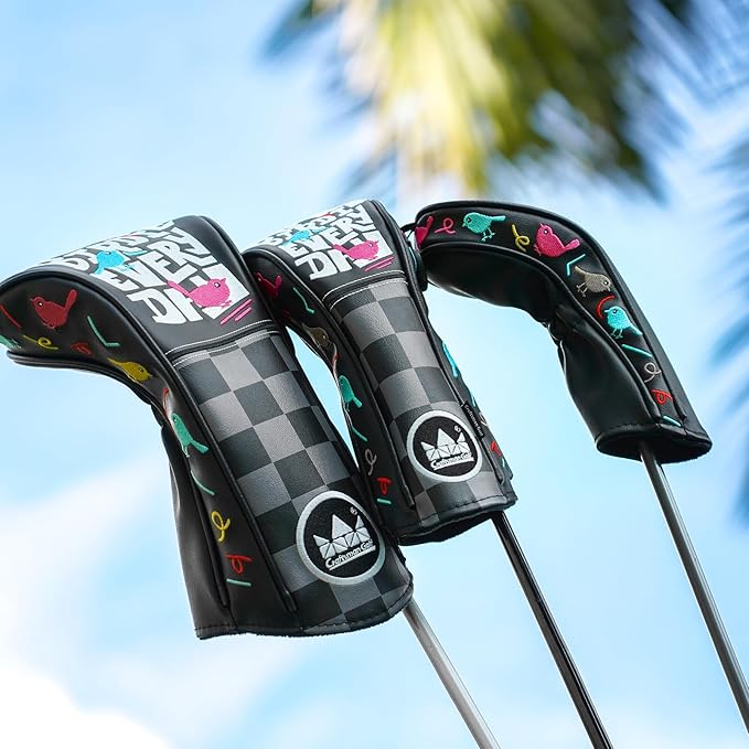 Craftsman Golf Make Birdie Everyday Black and Gray Checkers Golf Club Headcover for Woods and Driver Hybrids Irons Protector Putter Covers