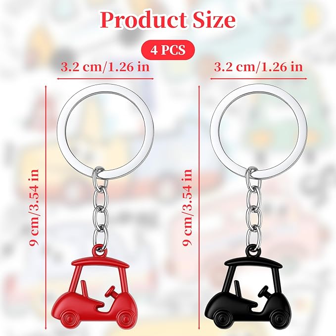 4PCS Black/Red Golf Cart Keychains, Keychain Golf Cart Pendant Keyring, Golfing Themed Key Holder, Golfing Style Key Chains, Unisex Key-Organizer Holder for Birthday, Christmas