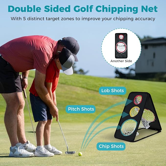 Tangkula Dual-Sided Golf Chipping Net, Triple Target Training System with 5 Holes, Triangular Structure, Indoor/Outdoor Golfing Target Accessories, Golf Chipping Practice Net