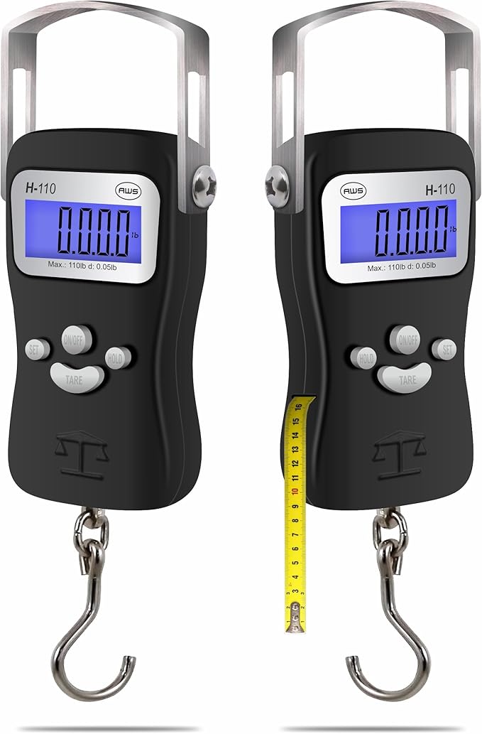 AWS Digital Luggage Scale, Fish Weighing Scale, Hanging Scale 110lb/50kg – Die-Cast Metal Construction, Built-in Tape Measure, Hook & Handle – for Travel, Fishing, Archery, Hunting, Outdoor (Black)