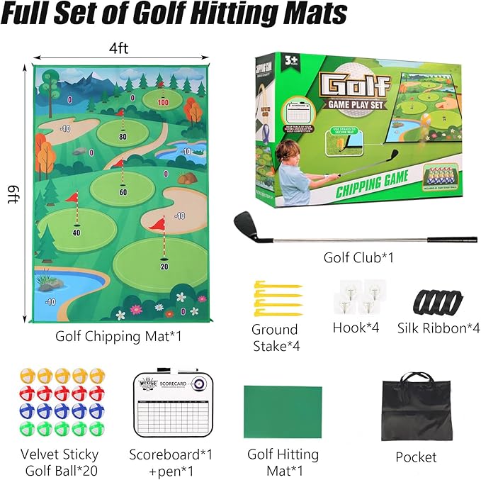 Golf Chipping Game Mat Golf Training Hitting Mat with 20 Sticky Balls Club Scoreboard Indoor Outdoor Home Backyard Office Golf Games for Adults Kids