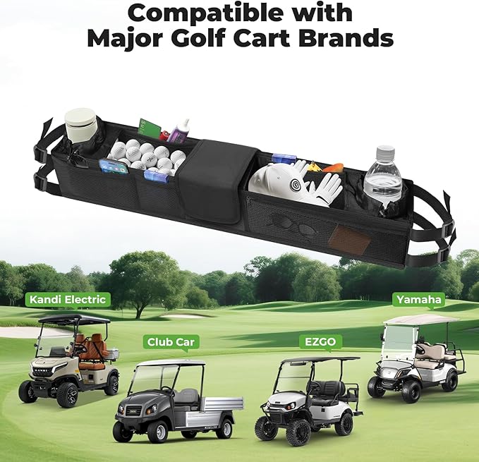 T TGBROS Universal Golf Cart Storage Organizer – Overhead Mesh Bag, Front Basket with Cup Holders & Push Cart Zippered Pouch Fits Club Car, EZGO, Yamaha, Kandi, Push Carts Large Capacity
