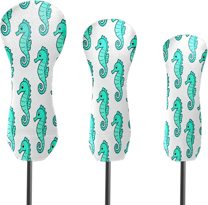 3 Pack PU Leather Golf Club Head Covers - Driver, Fairway Wood & Hybrid, Funny Golf Accessories, Ideal Golf Gift Colorful Line Seashell