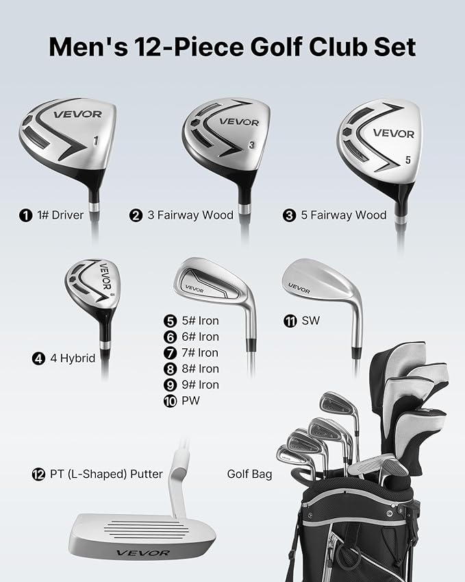 VEVOR Golf Club Set, 12 Pieces Golf Club Complete Set Right Handed with 460CC #1 Driver, #3 & 5 Fairway Wood, #4 Hybrid, #5/#6/#7/#8/#9/#PW/#SW Irons, L-Shaped Putter, Golf Stand Bag