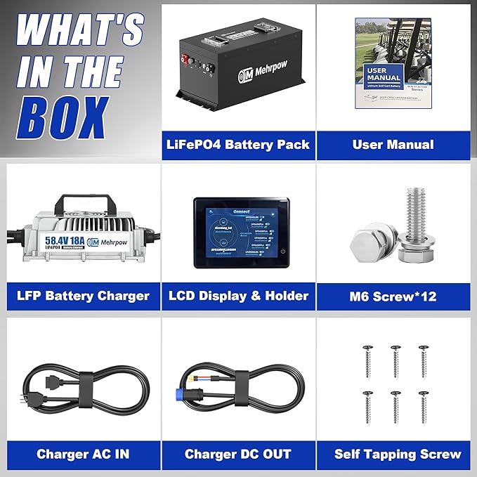48V Lithium Battery Golf Cart Batteries Kit Built-in 200A BMS Steel Casing 48V 100Ah LiFePO4 Battery 10000 Cycles with 18A Charger Bluetooth Touch Display & APP Max 10.24kW Power Output for Golf Cart