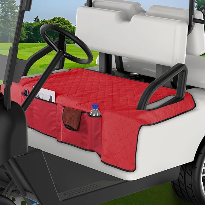 Kaskawise Golf Cart Seat Covers,Universal Golf Cart Seat Towel Blanket with 4 Front Pockets & Nonskid Bottom Fits for EZGO, Yamaha, Club Car DS Precedent and More 2 Person Seats Golf Carts (Wine red)