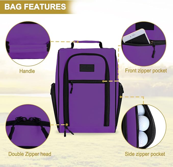 Goloni Golf Shoe Bag for Men & Women, Padded Travel Shoe Bag with Side Accessory Pockets,Sport Shoe Carrier for Golf Shoes,Socks,Tees & Balls,Durable & Lightweight Design,Purple