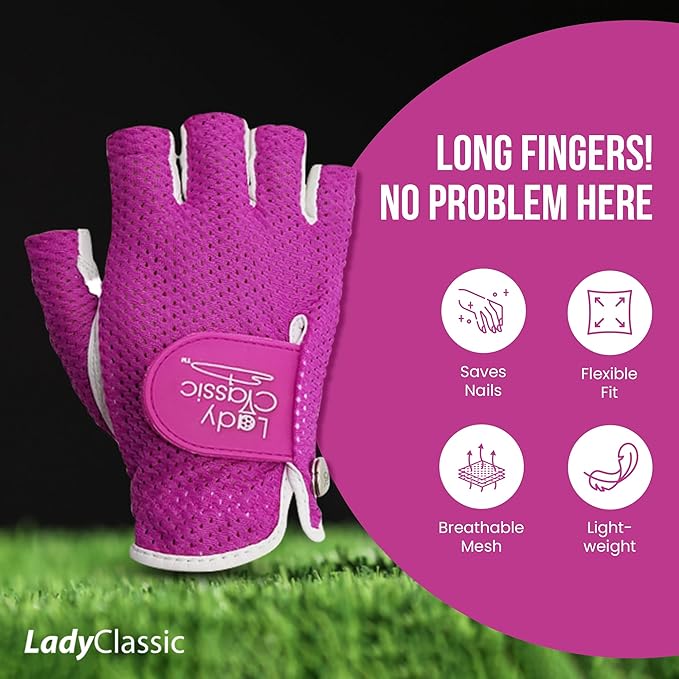 Mesh Half Golf Glove for Women – Premium Cabretta Leather Palm, Breathable Mesh Back, Half-Finger Design Ladies Golf Glove for Enhanced Grip & Comfort