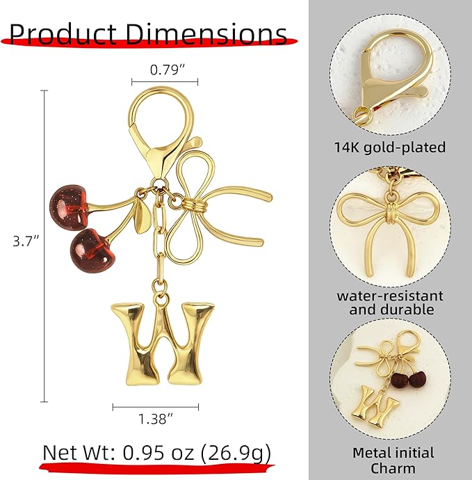 Gold Bubble Heart, Cherry, Bow & More Designs Letter Initial Keychain Bag Charms – Cute Purse Charms for Handbags